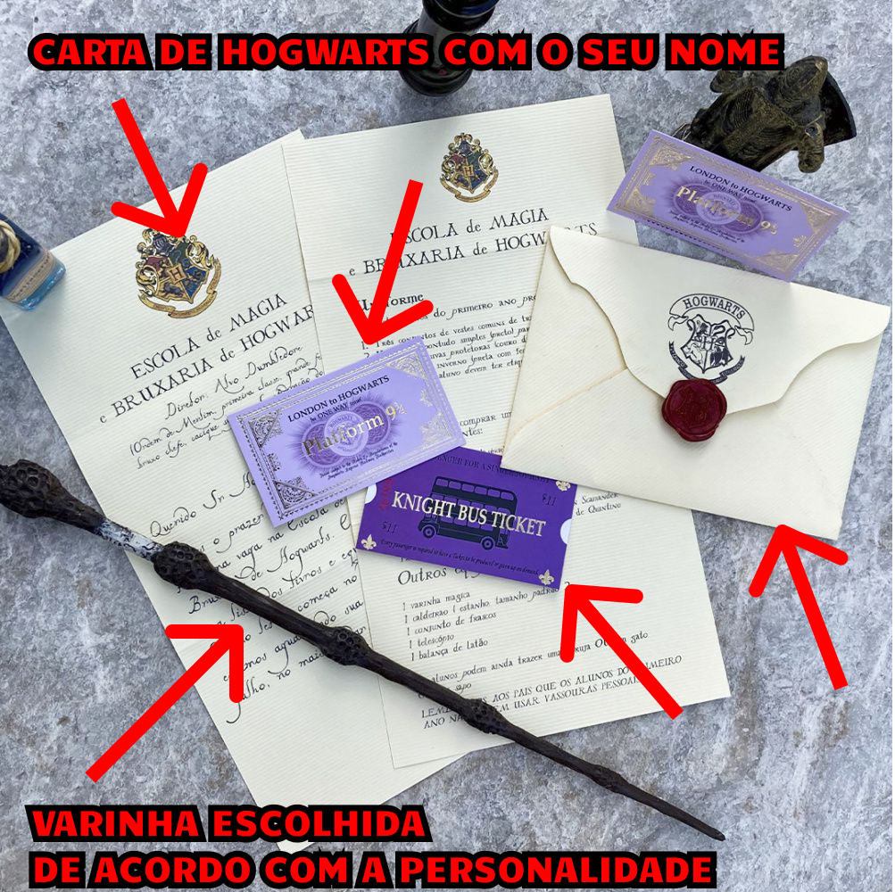 KIT de Hogwarts COM SEU NOME + Varinha especial